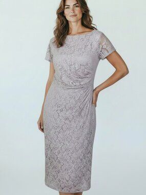 Oleg Cassini Dress Womens Size 16 Glitter Lace Sparkly Champagne Ruched Side